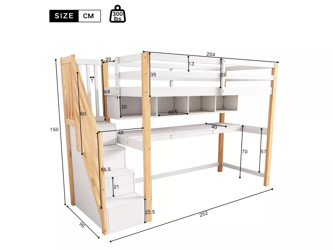 Lit mezzanine 90x200cm en bois - avec escalier de rangement + bureau + sommier à lattes - Blanc & Naturel