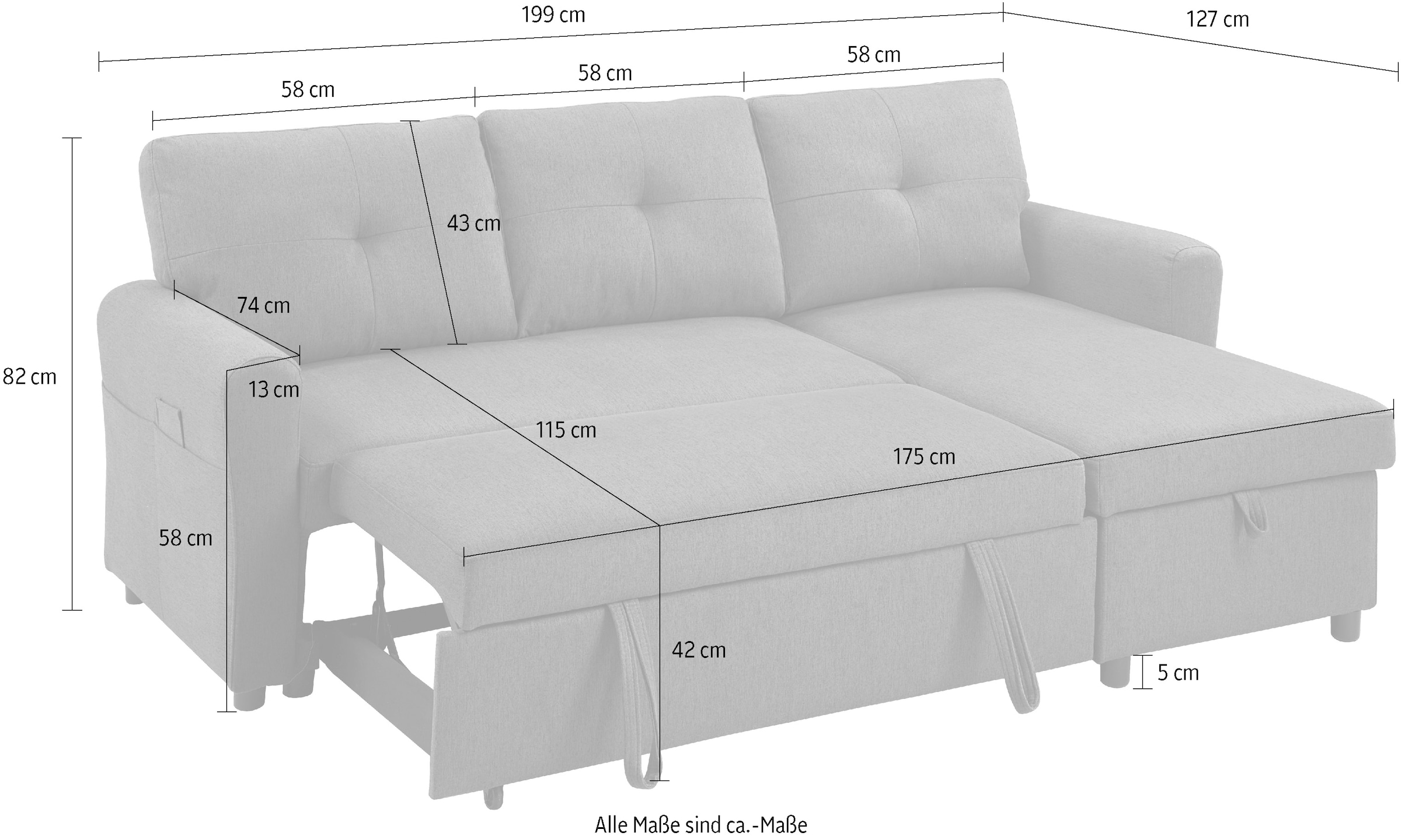 ATLANTIC home collection Schlafsofa »Gustavo L-Form, B: 199 cm« mit Bettfunktion, Bettkasten & seitlichen Taschen
