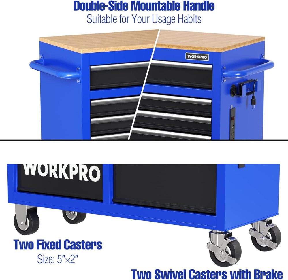 Armário de ferramentas móvel WORKPRO de 46 polegadas com 9 gavetas e rodízios, tampo de madeira, equipado com alça, forro para gavetas e sistema de travamento, capacidade de carga de 1200 libras.