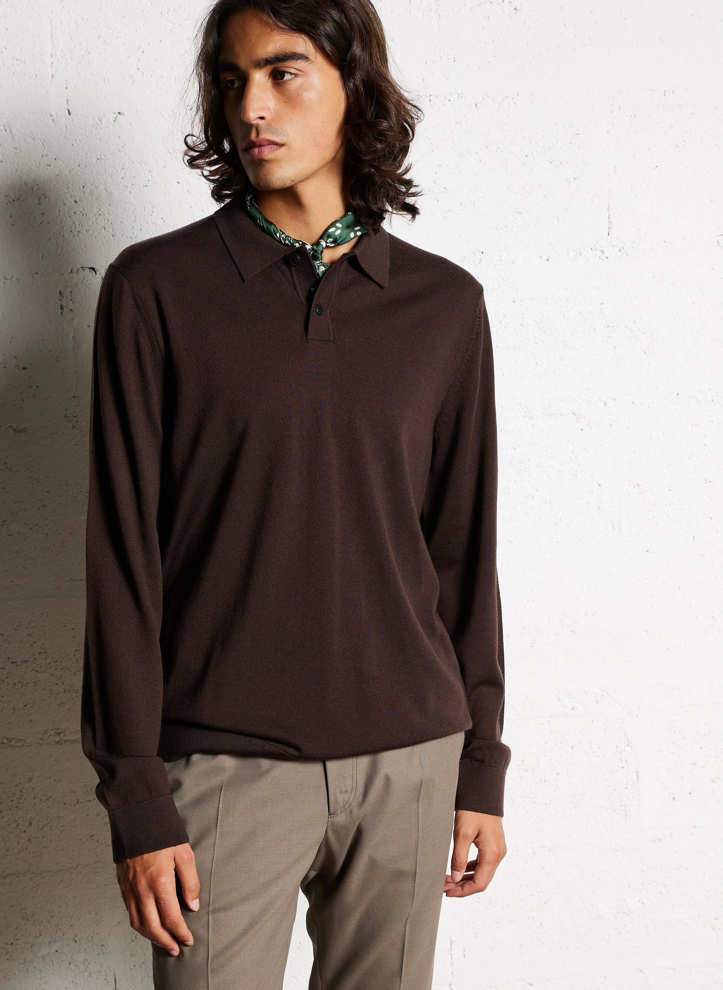TRAY - Pull droit col polo en laine mérinos | Marron