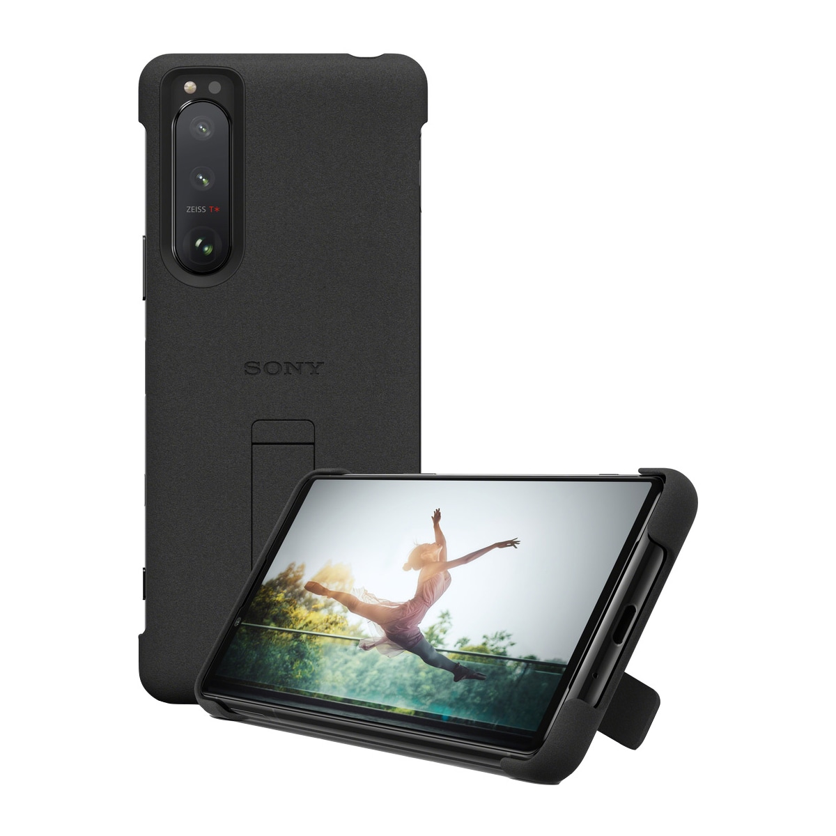 Sony Xperia 5 III Style Cover deksel med stativ (sort)