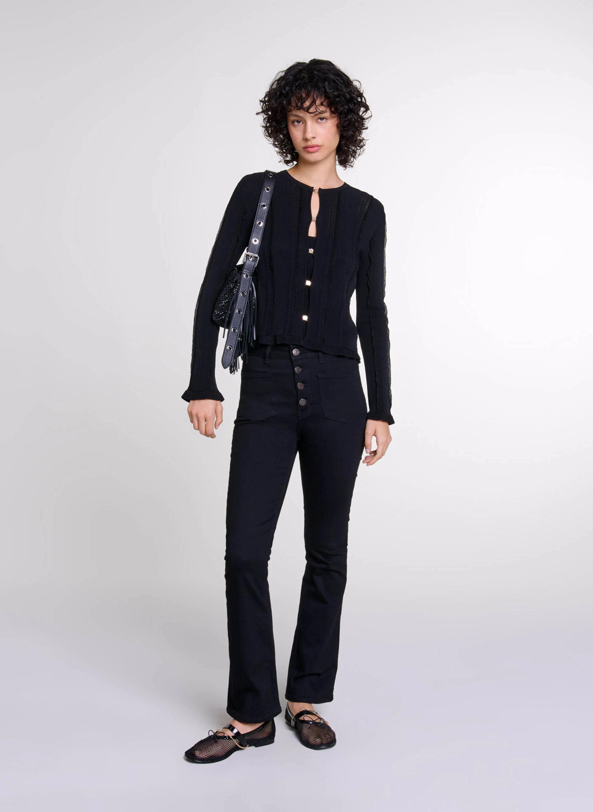 Cardigan droit col rond en maille ajourée | Noir
