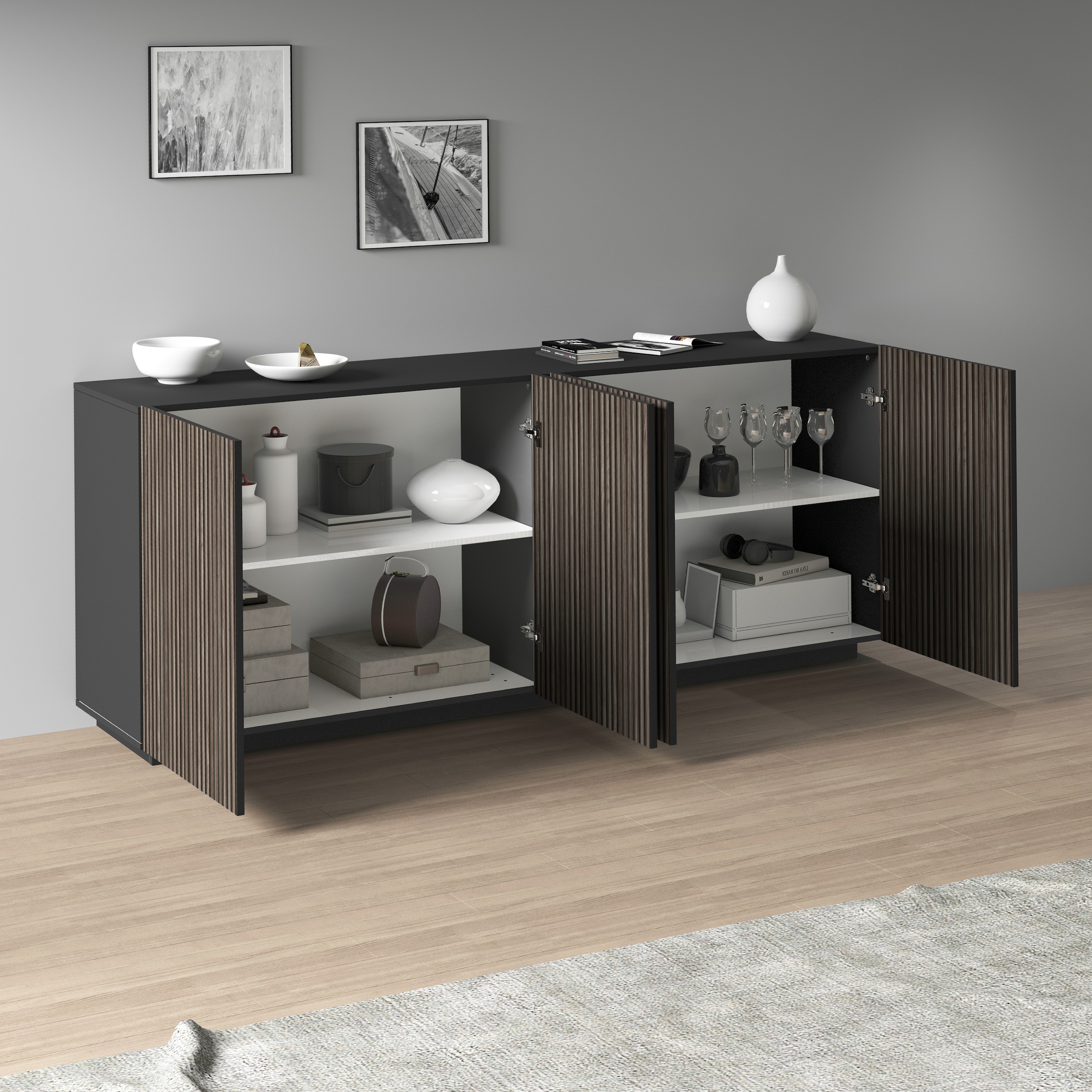 INOSIGN Sideboard »Vega Sideboard,Kommode,200 cm« mit 4 Türen,Fronten mit  Rillen-Optik