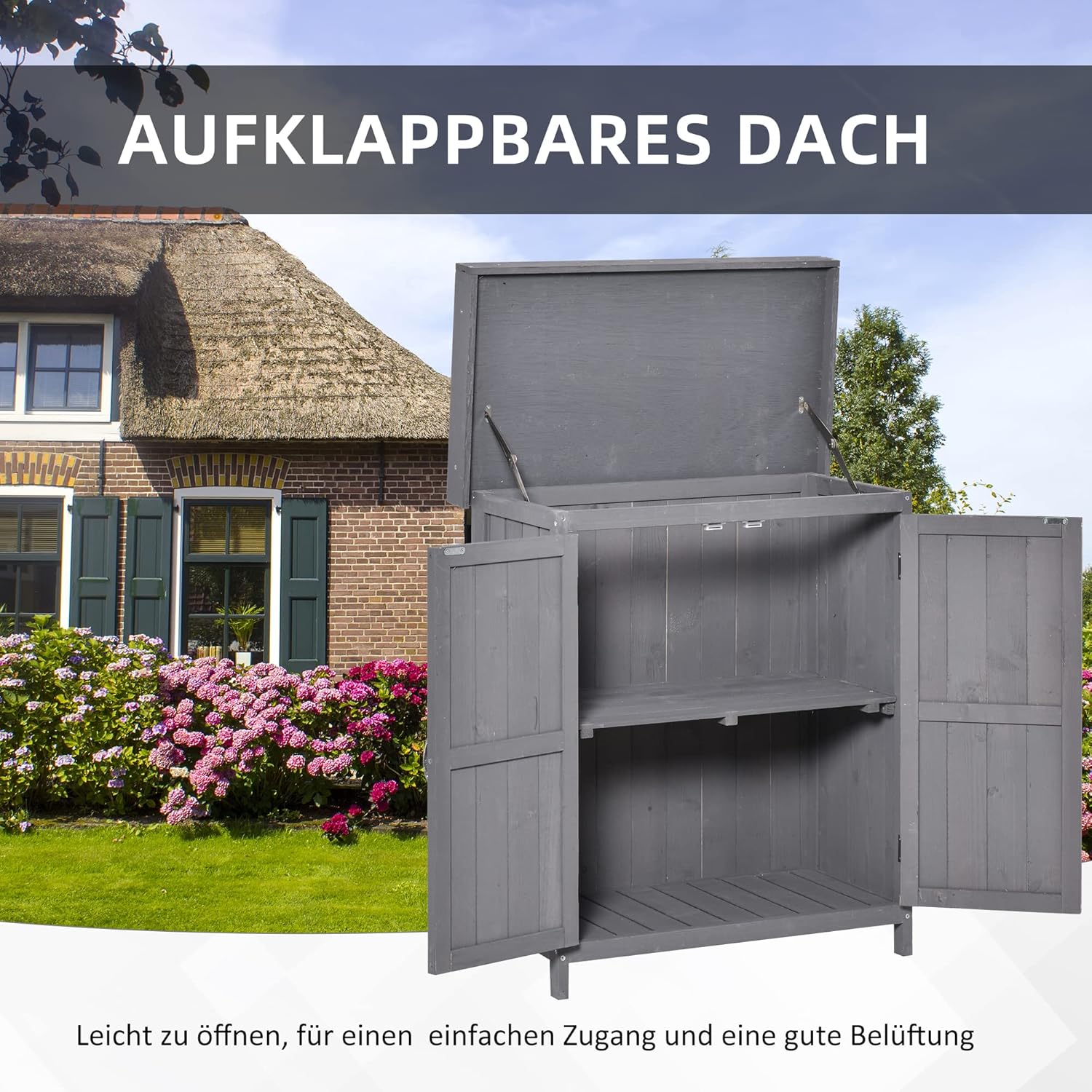 Outsunny Gartenschrank Tannenholz, Geräteschuppen wetterfest 74x43x88cm, Gerätehaus mit Doppeltür, 2 Fächern, Geräteschrank, Gartenhaus Werkzeugschrank Gartenschuppen für Garten, Terrasse, Dunkelgrau