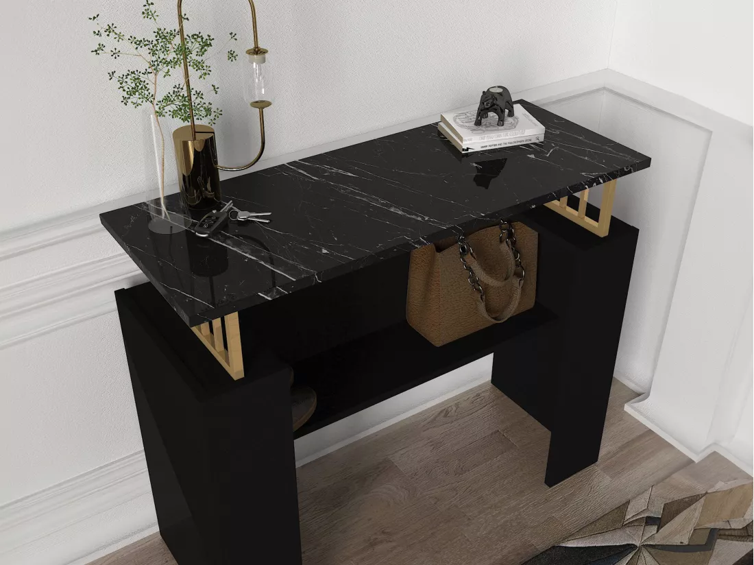Console avec 1 étagère - Effet marbre noir et Doré - LIRIONA