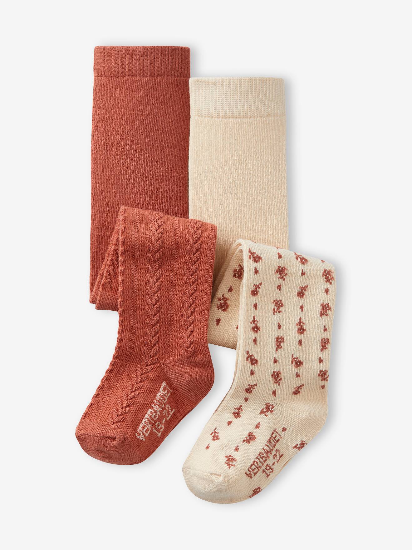 Conjunto com 2 pares de meias-calças para bebê menina com flores/tranças, rosa antigo