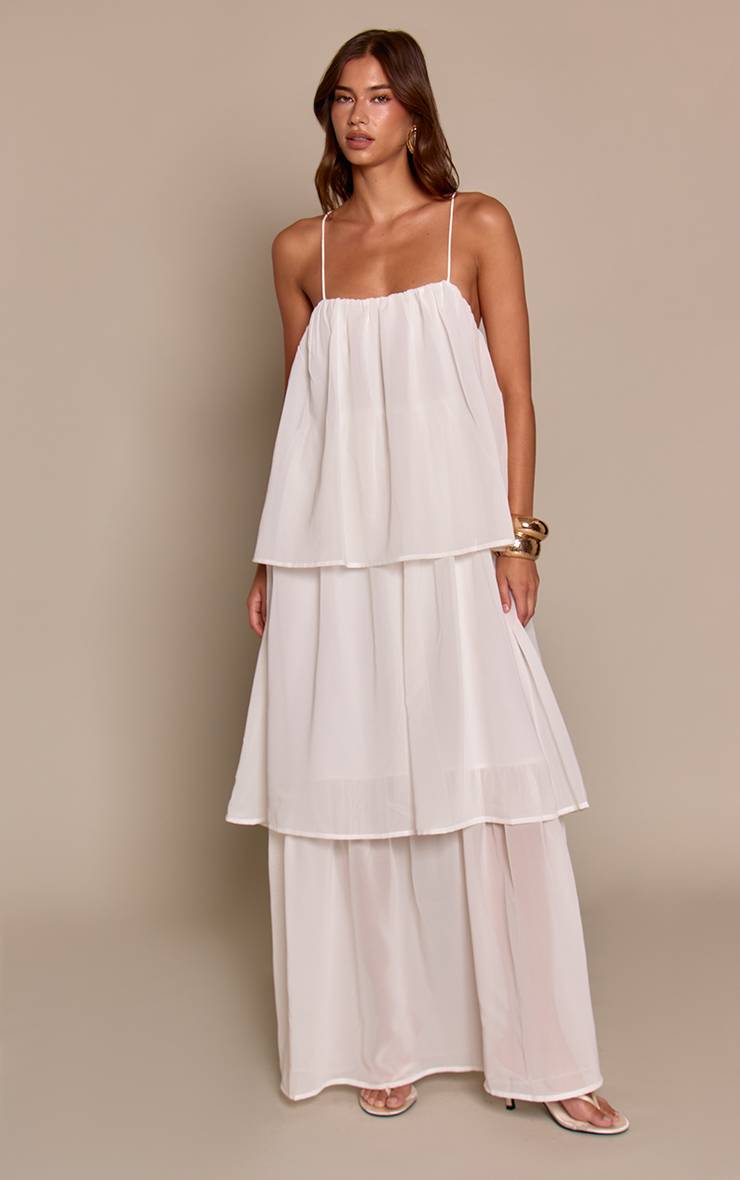 Blanc Robe Longue Évasée En Mousseline À Bretelles Et Volants Étagés