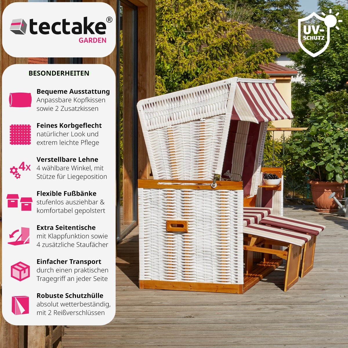 tectake Sylt gestoffeerde strandstoel met uitschuifbare voetensteun, 115 x 158 x 78 cm