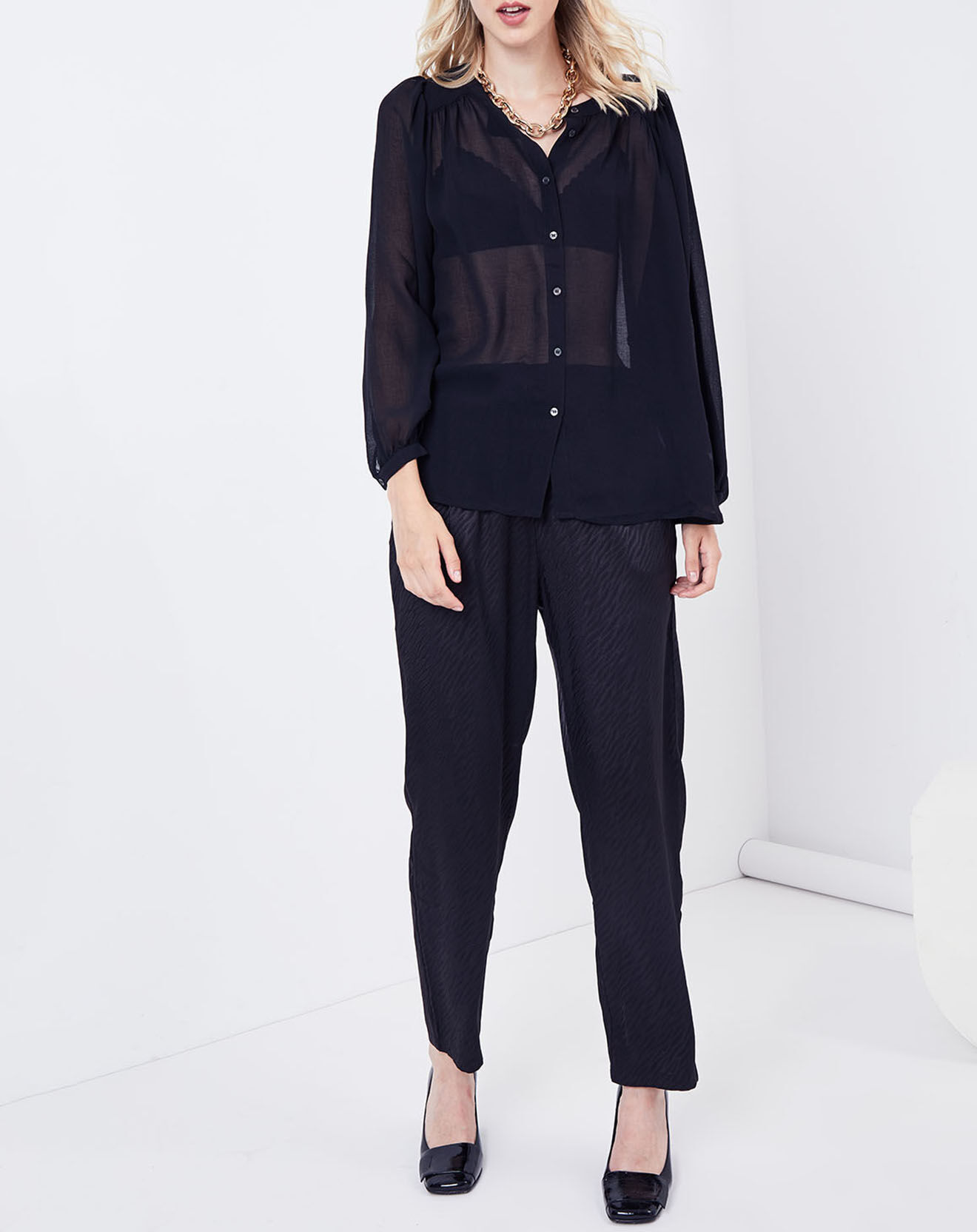 See u Soon Pantalon satiné Freesia imprimé ton sur ton noir