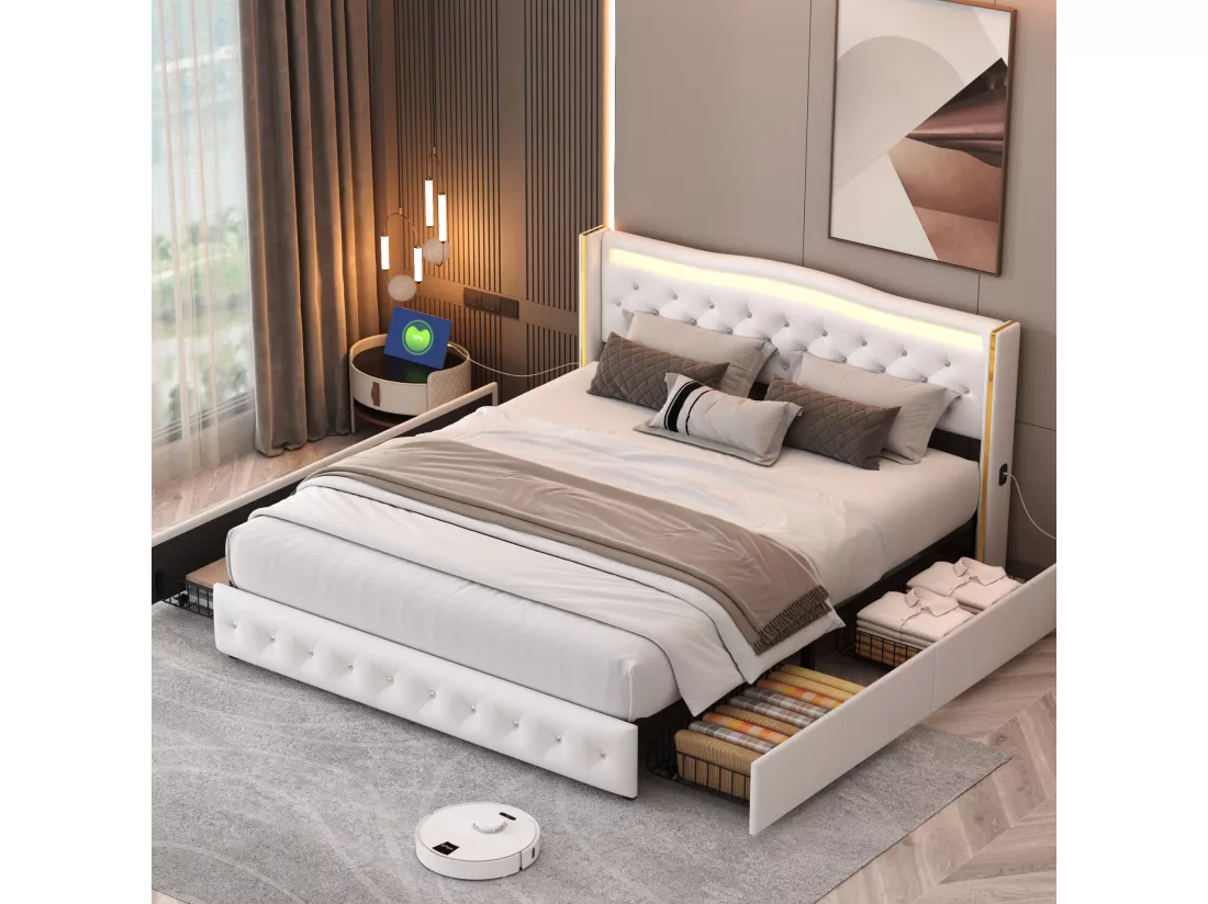 Lit 140x200cm avec Sommier LED et USB, lit Capitonné avec 4 Tiroirs, Cadre de Lit avec Sommier à Lattes, Lit 2 Personnes, PU, Blanc