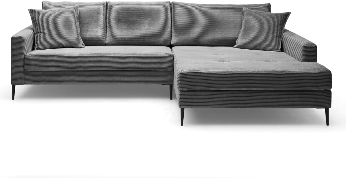 Sofa Hilary Graphit, modernes Ecksofa, Cordbezug in Grau, Ottomane rechts, Couch mit hohem Sitzkomfort, pflegeleicht & formstabil, Metallfüße, Sofa in L-Form, Made in Europe
