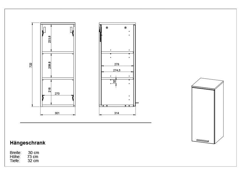 CASAVANTI Wandschrank ABBY 30 x 73 x 30 cm Holznachbildung weiß