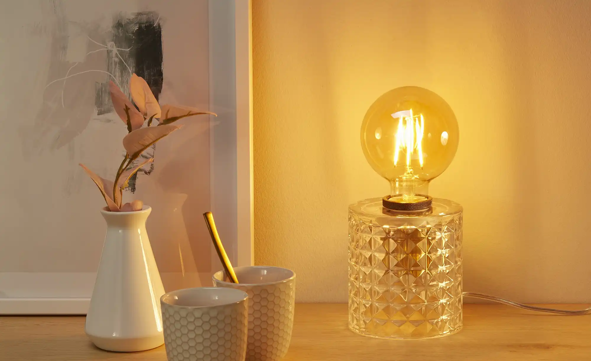 levelone Tischleuchte, 1-flammig, Glas in Diamant-Optik