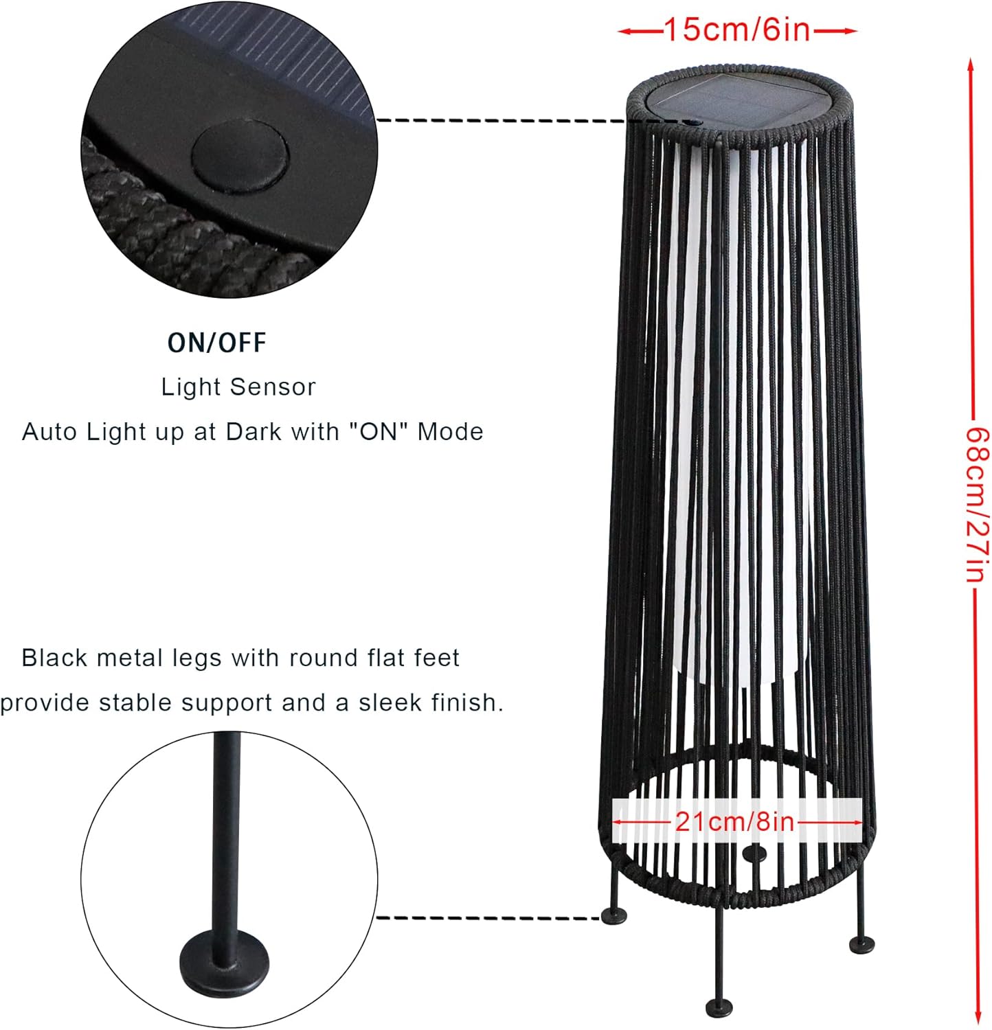 TRIROCKS Außenstehlampe, 2-Teilige Solarbetriebene Laterne, Geflochtene Solar-Terrassenlampe mit Olifen-Seil, Wasserdichtes Rattan-Solar-Decklicht für Terrasse, Garten, Rasen, Hof (Schwarz)