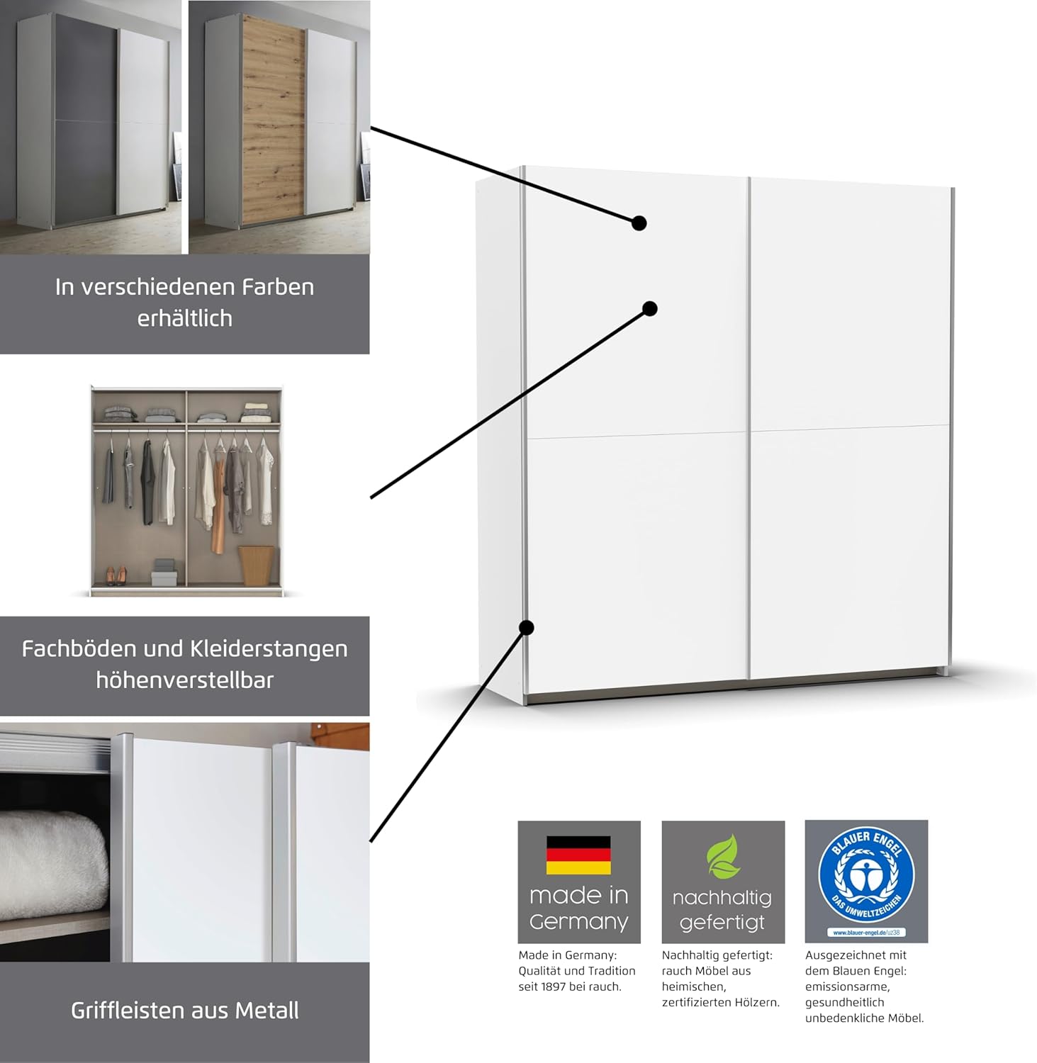 Rauch Möbel Saturn, Schwebetürenschrank mit zusätzlichen Fachböden, Kleiderschrank, Kleiderschränke, Garderobe, Schrank mit Stauraum, 2-türig, Farbe Grau metallic-Weiß, Schwarz, 175x191x59cm
