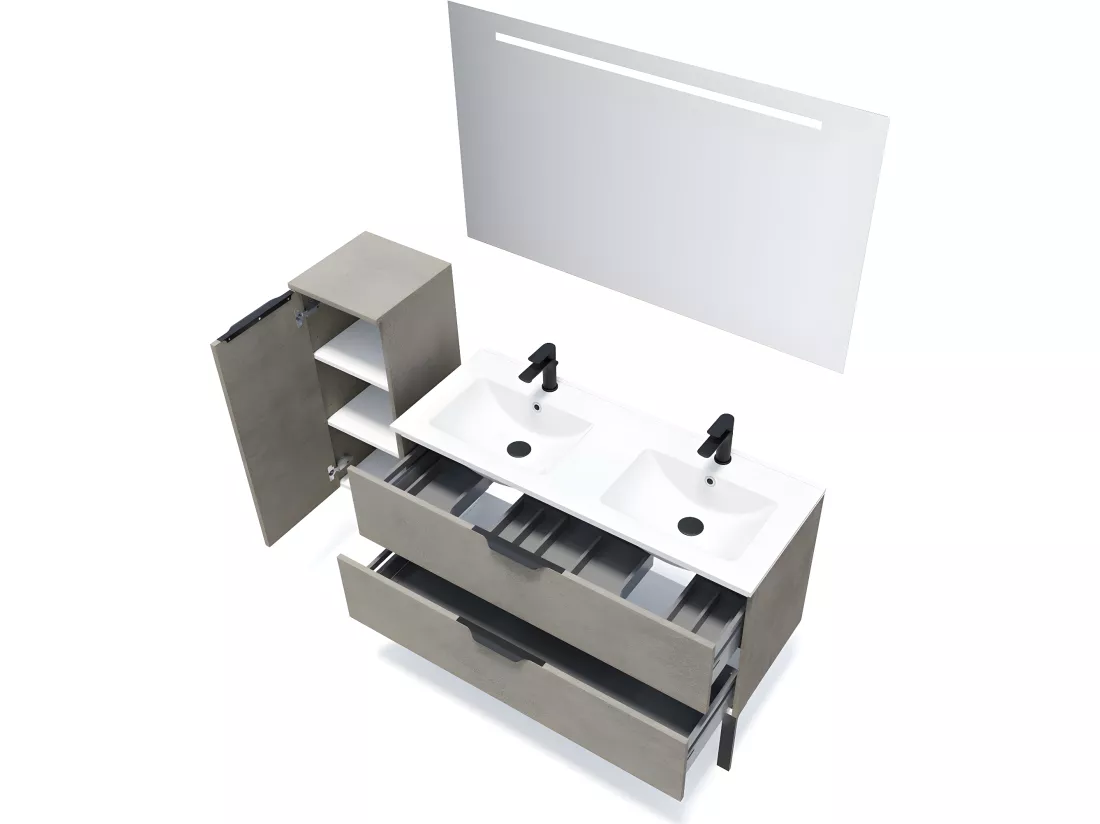 Meuble de salle de bain suspendu double vasque intégrée 120cm 2 tiroirs façon Béton - Venice