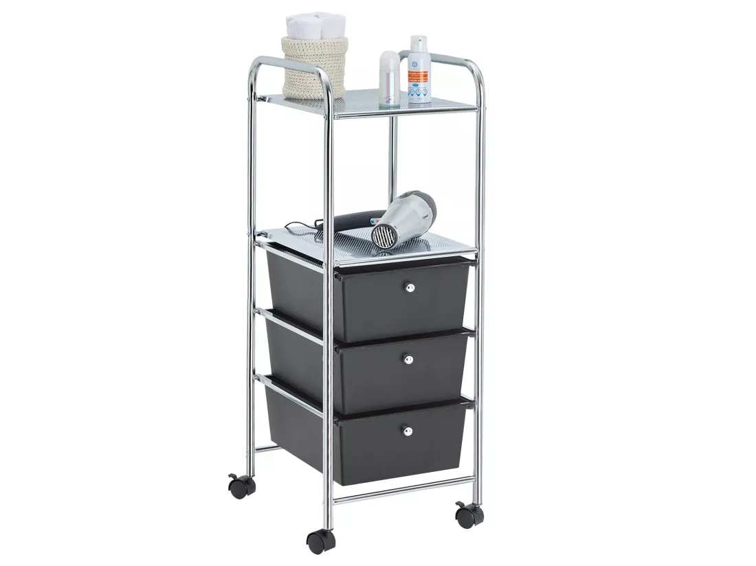 Caisson sur roulettes GINA chariot avec 3 tiroirs en plastique noir et 2 étagères, meuble de rangement pour salle de bain en métal