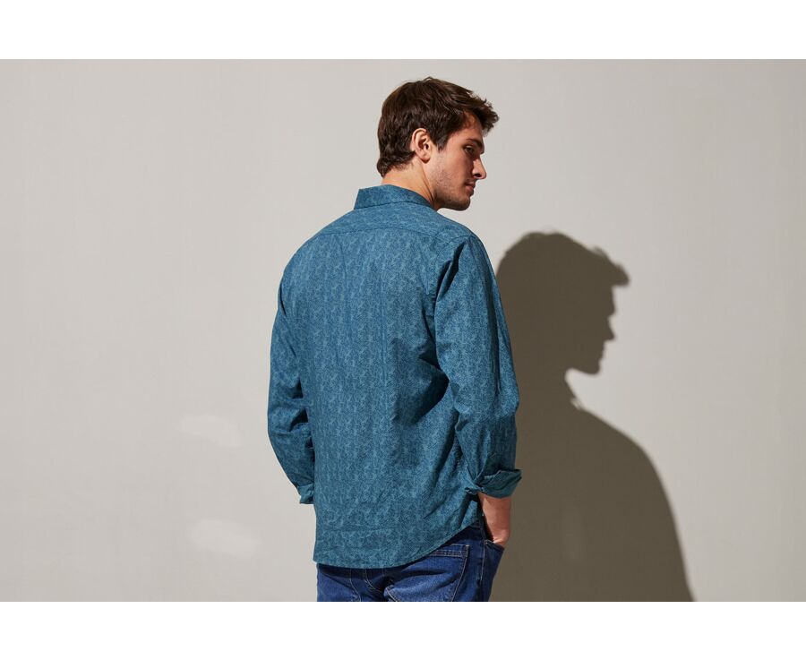 Chemise coton lin homme verte à motif tropical bleu - GOBERT