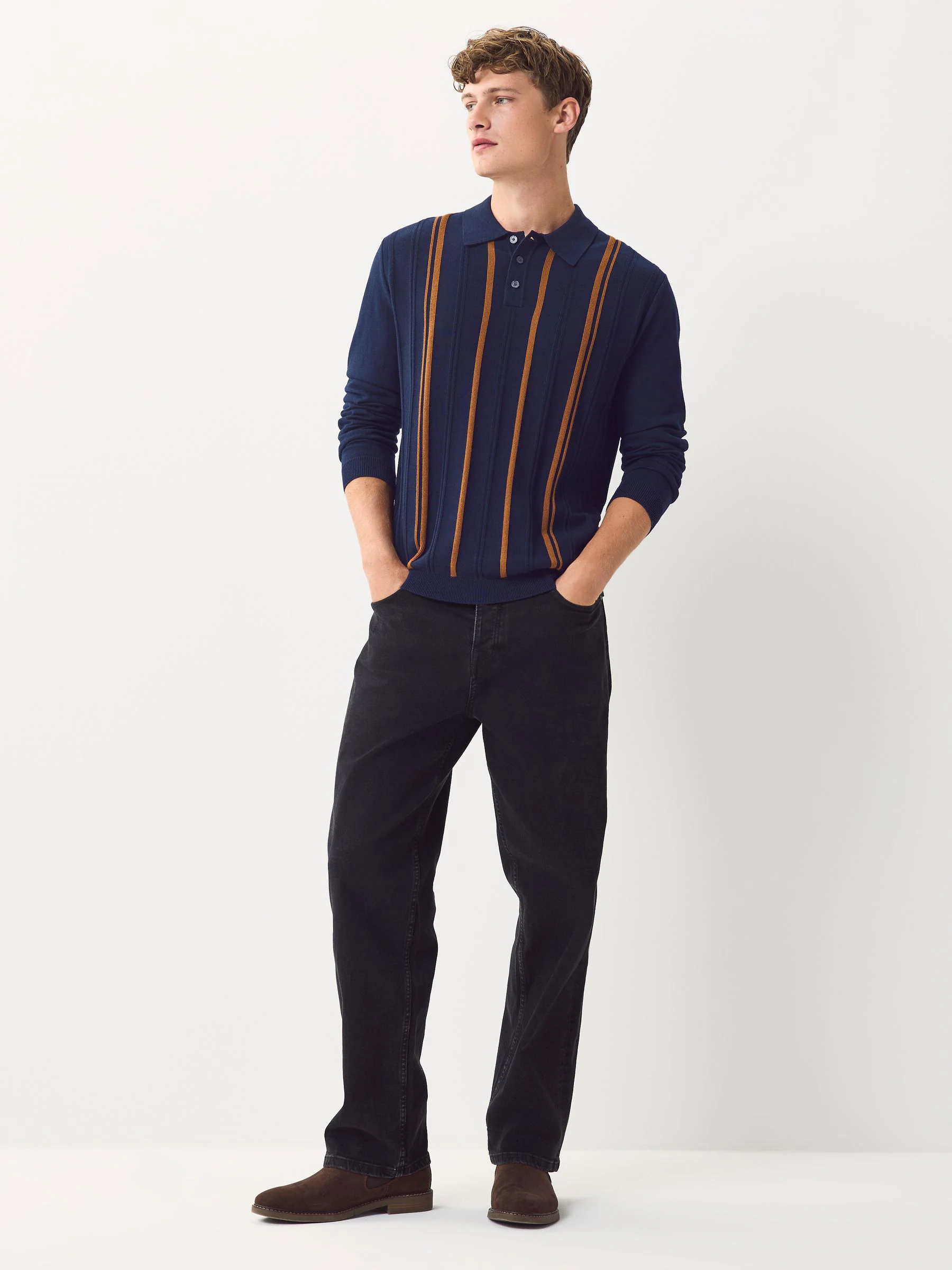 Donkerblauw - Regular-fit poloshirt met lange mouwen, streepdessin en hoog katoengehalte