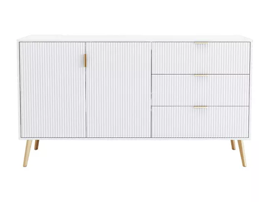 Buffet moderne avec pieds et poignées dorés, commode, laqué, coins arrondis, 7 compartiments, 140L*40P*78H cm, blanc