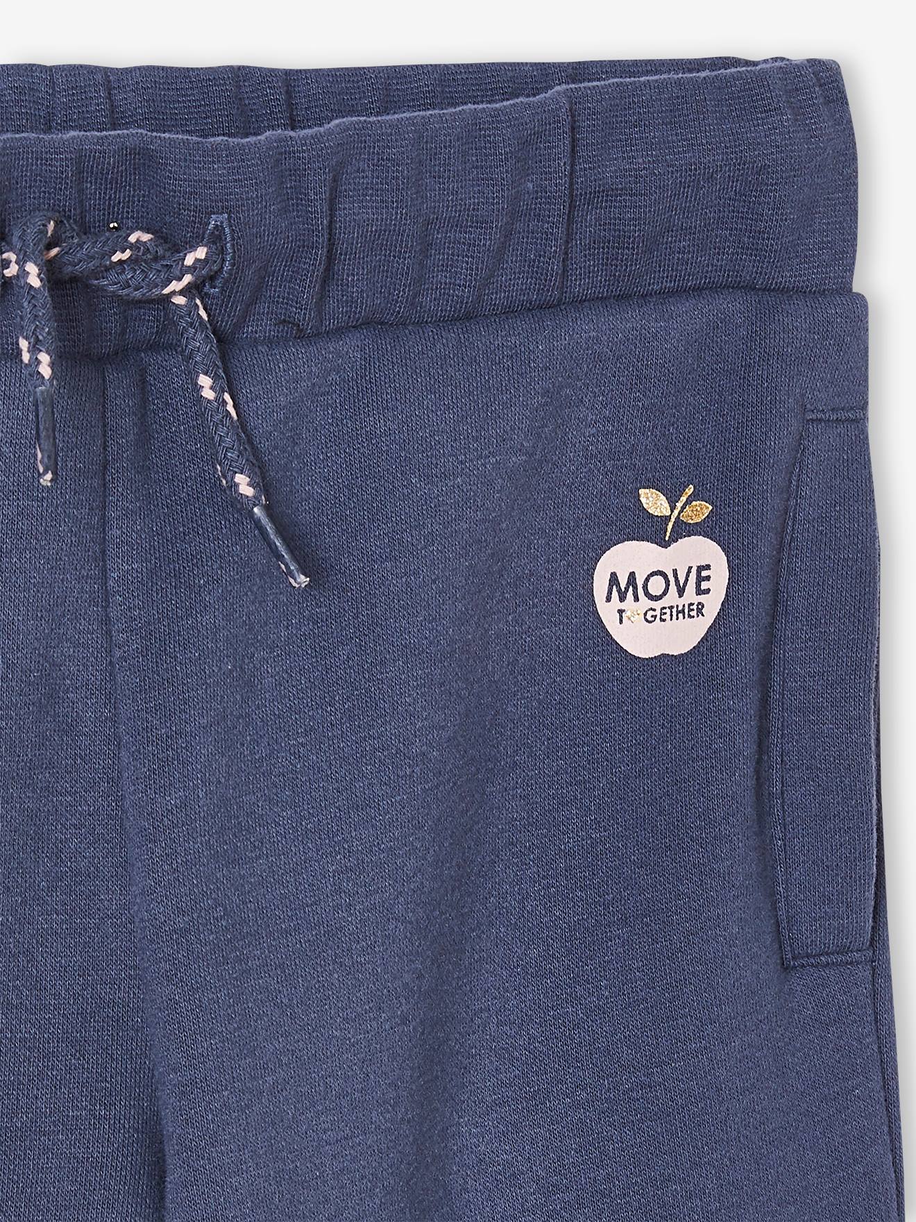 Calça de moletom para meninas, lisa, azul médio com estampas.