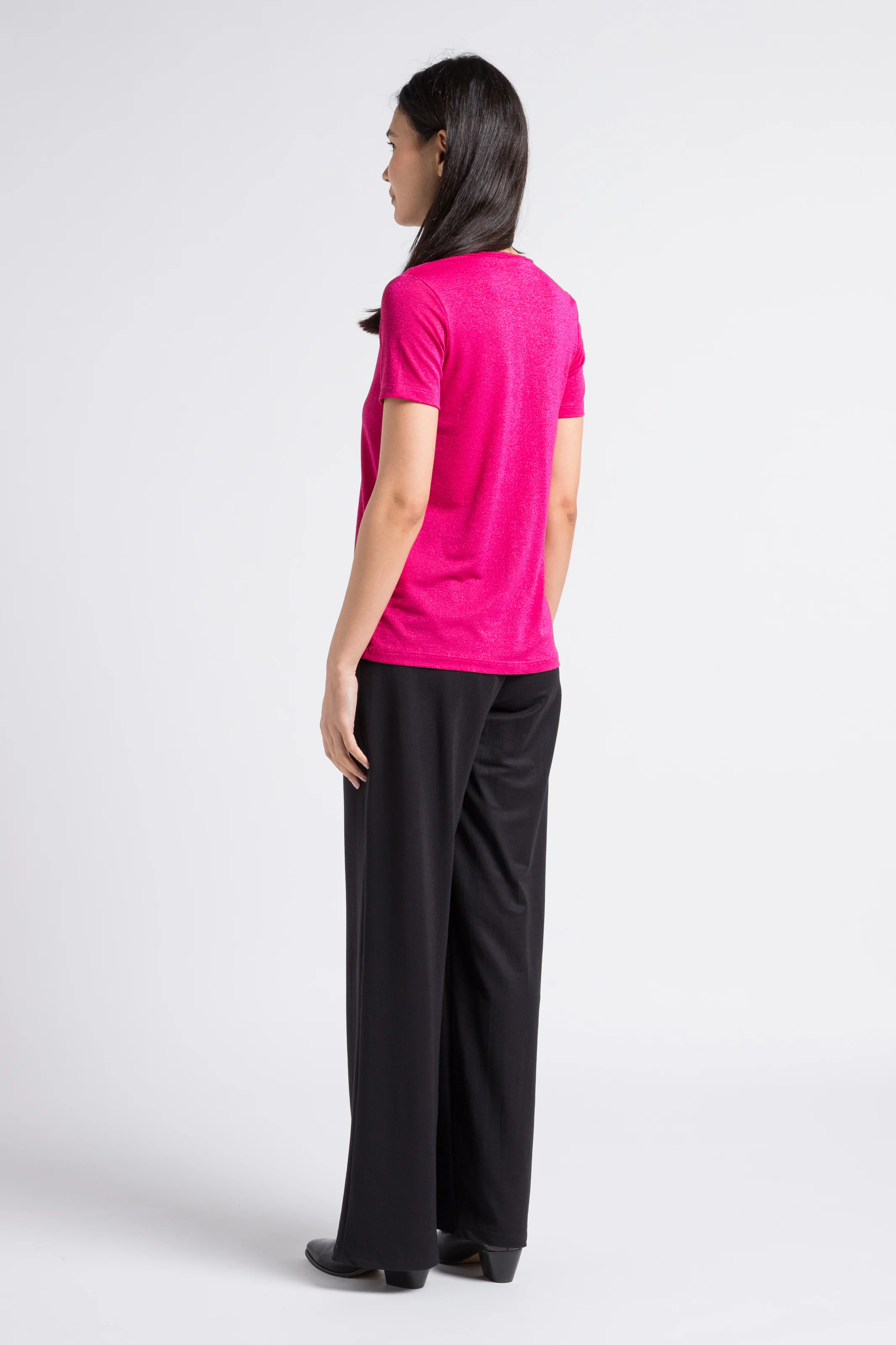 T-shirt col V en fibres métallisées | Rose