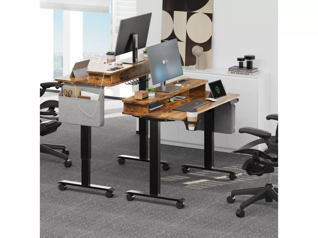 YITAHOME Bureau Électrique Réglable en hauteur - 120x60x(72-120) cm - avec tablette - 2 prises USB - 360°roulettes - Marron vintage
