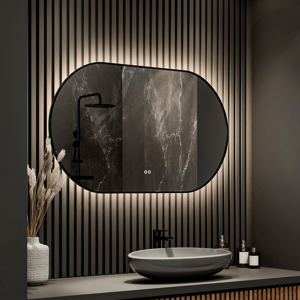 Hipp Design 13700 ovale spiegel mat zwart 160x70cm met LED en spiegelverwarming