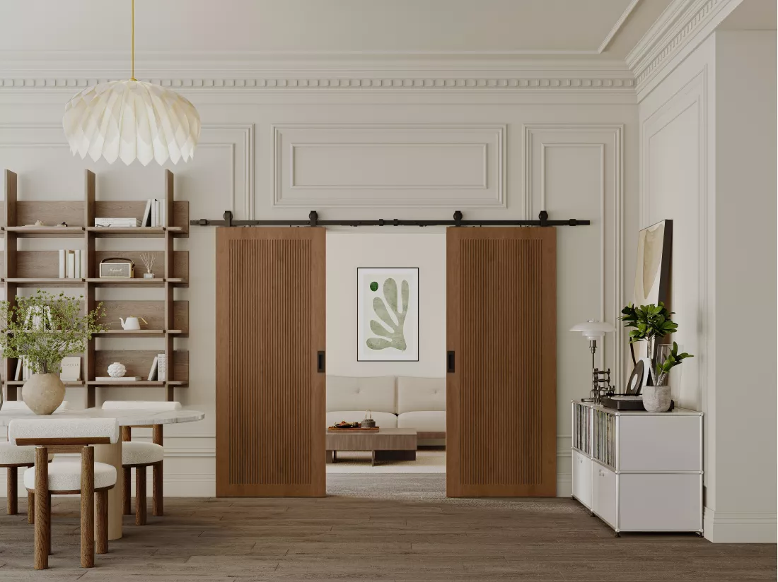 Porte coulissante double avec système en applique en MDF et bois - naturel foncé - 2 x H205 x L73 cm - SANDORA