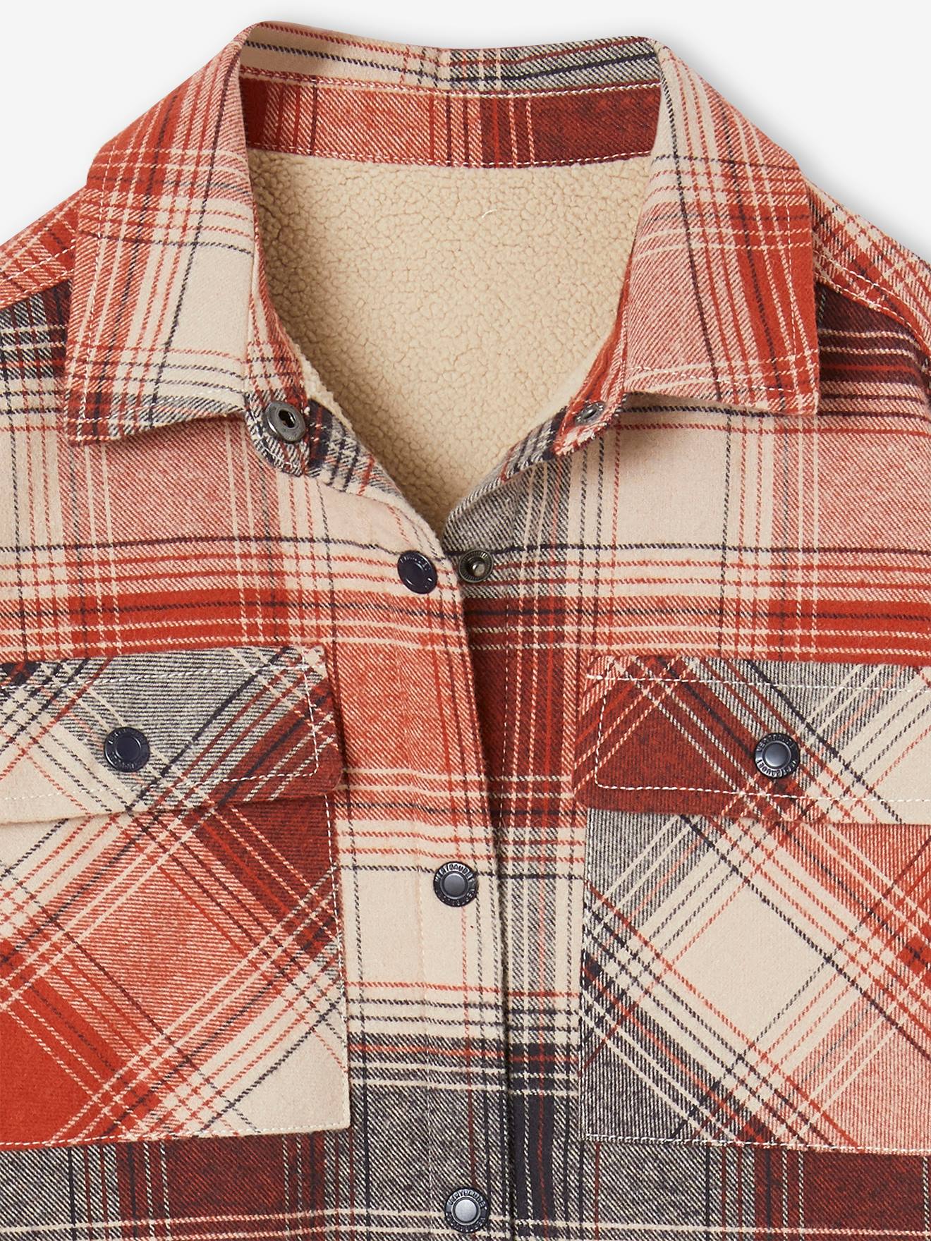 Camisa xadrez de flanela com forro de sherpa para meninos, cor terracota.