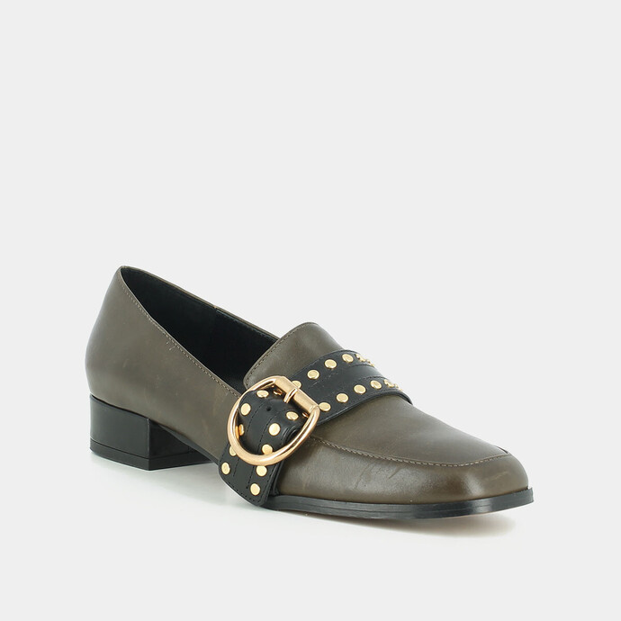Mocassins à petits talons  en cuir kaki