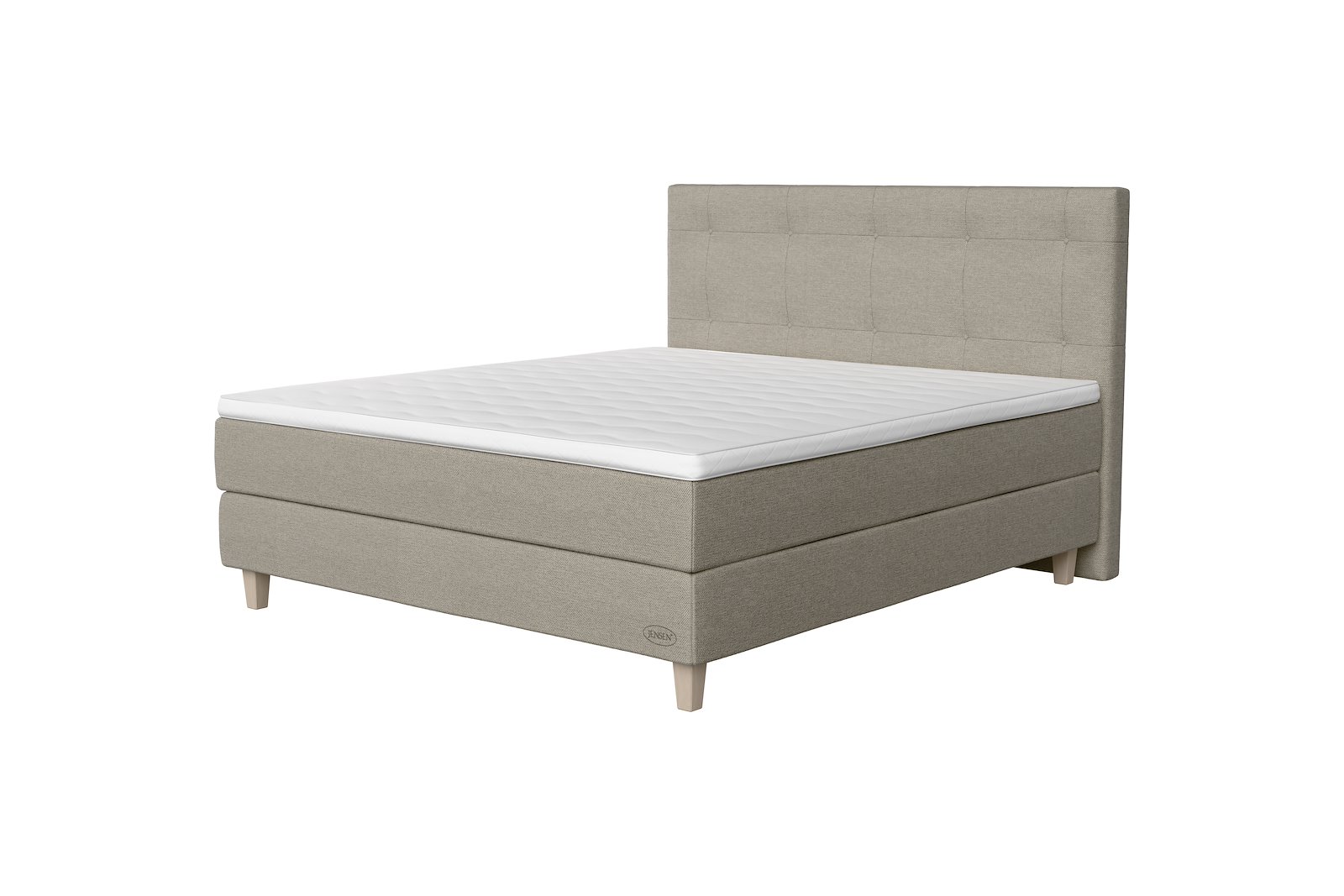 Carat jubileum Exact kontinentalseng 150x200 cm Tekstil 387 Greige, fast/fast, Exact, seamless, Sleep II overmadrass, Kantet Konet 14 cm hvitvasket ben + støtteben, gavl selges separate.