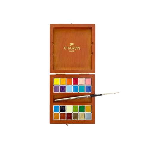 CHARVIN extrafeine Aquarellfarbe, 24 halbe Näpfchen, Holzkasten