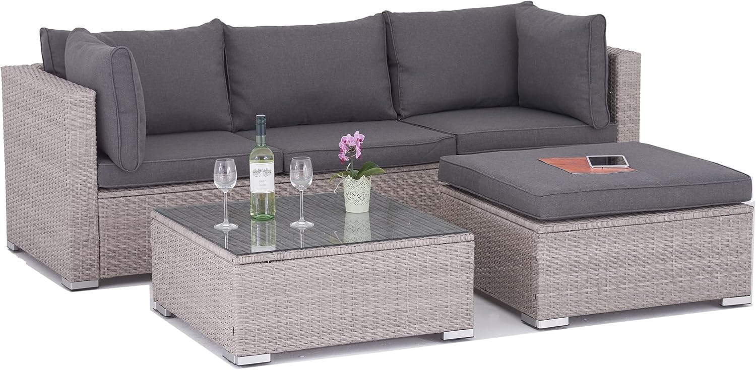 Polyrattan Lounge Sitzgruppe Gartenmöbel-Set Poly Rattan Garnitur 3 Sitzplätze, Modell Bali, Rattan: Hell-Grau/Bezüge: Grau