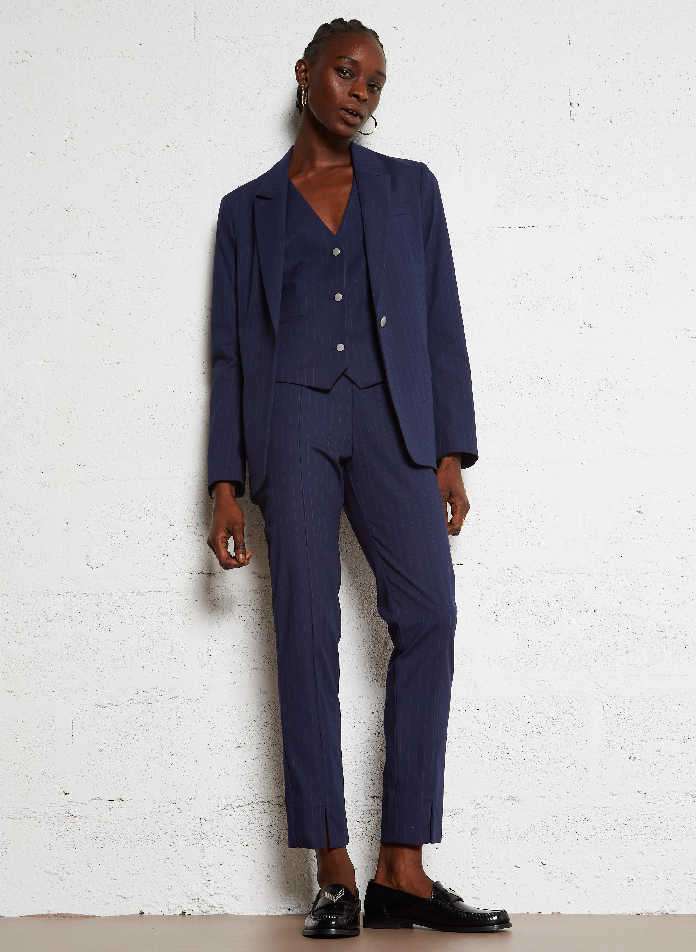 Veste tailleur droite rayée | Bleu