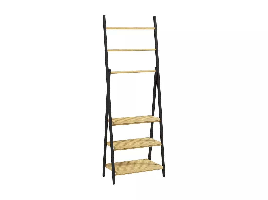 Porte-serviettes pliable 3 barres de suspension et 3 étagères en bambou pour salle de bains, structure métal noir