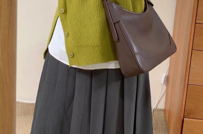minaga - Ronde hals effen knooptrui vest / blouse met lange mouwen / geplooide midi A-lijn rok
