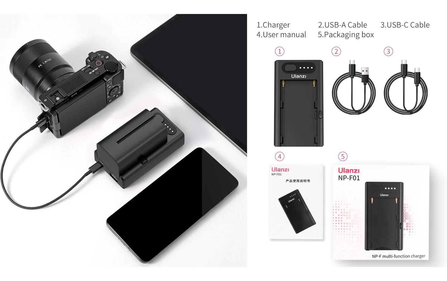 Ladegerät NP-F01Ulanzi NP-F01 Multifunktionales Akku-Ladegerät/Netzteil für Sony L-Serie, AC, Chemie-Li-Ion, 1 Position, W/O-Ausgang, USB, Quick Charge