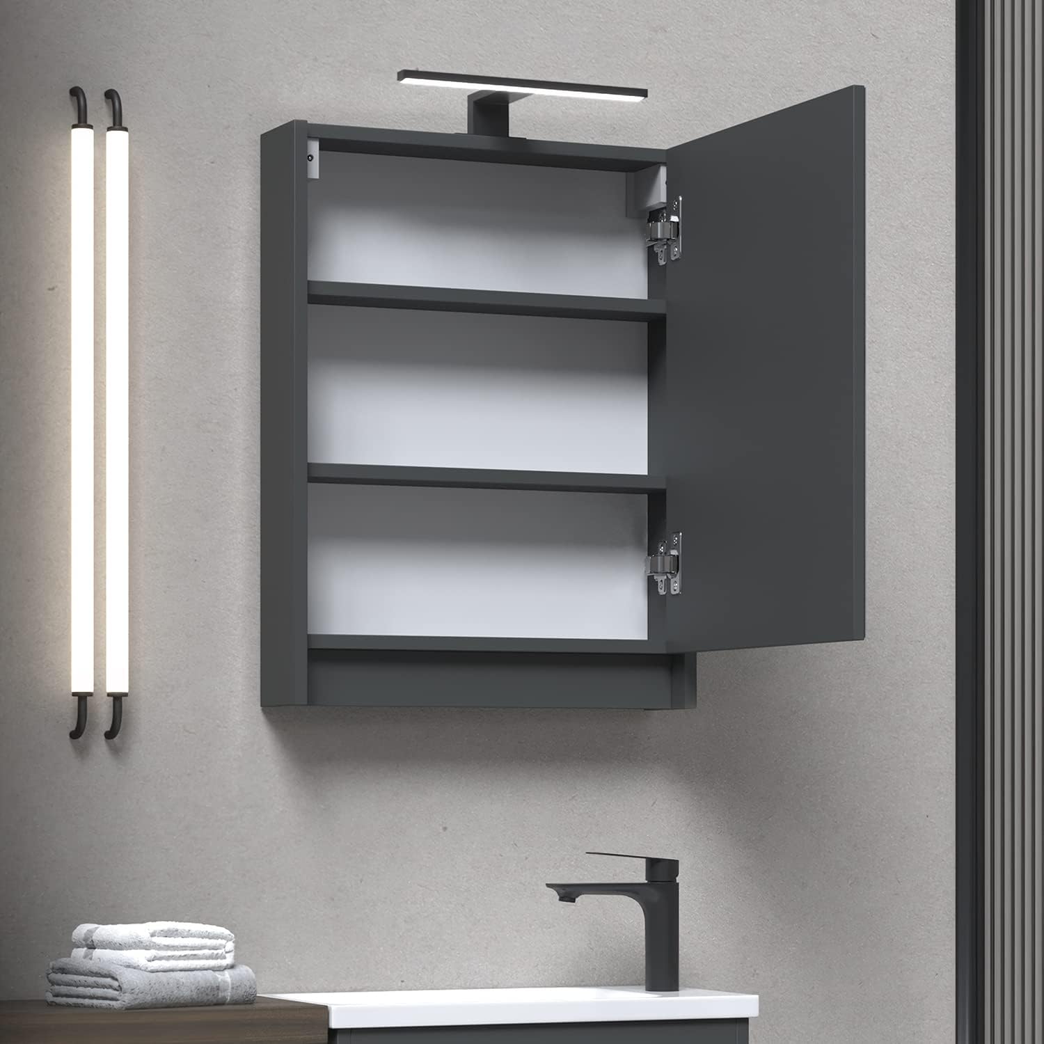 Planetmöbel Spiegelschrank Bad mit Beleuchtung 50 x 65 x 11,4 cm, grau matt, Badezimmerschrank mit Spiegel und LED Aufbauleuchte