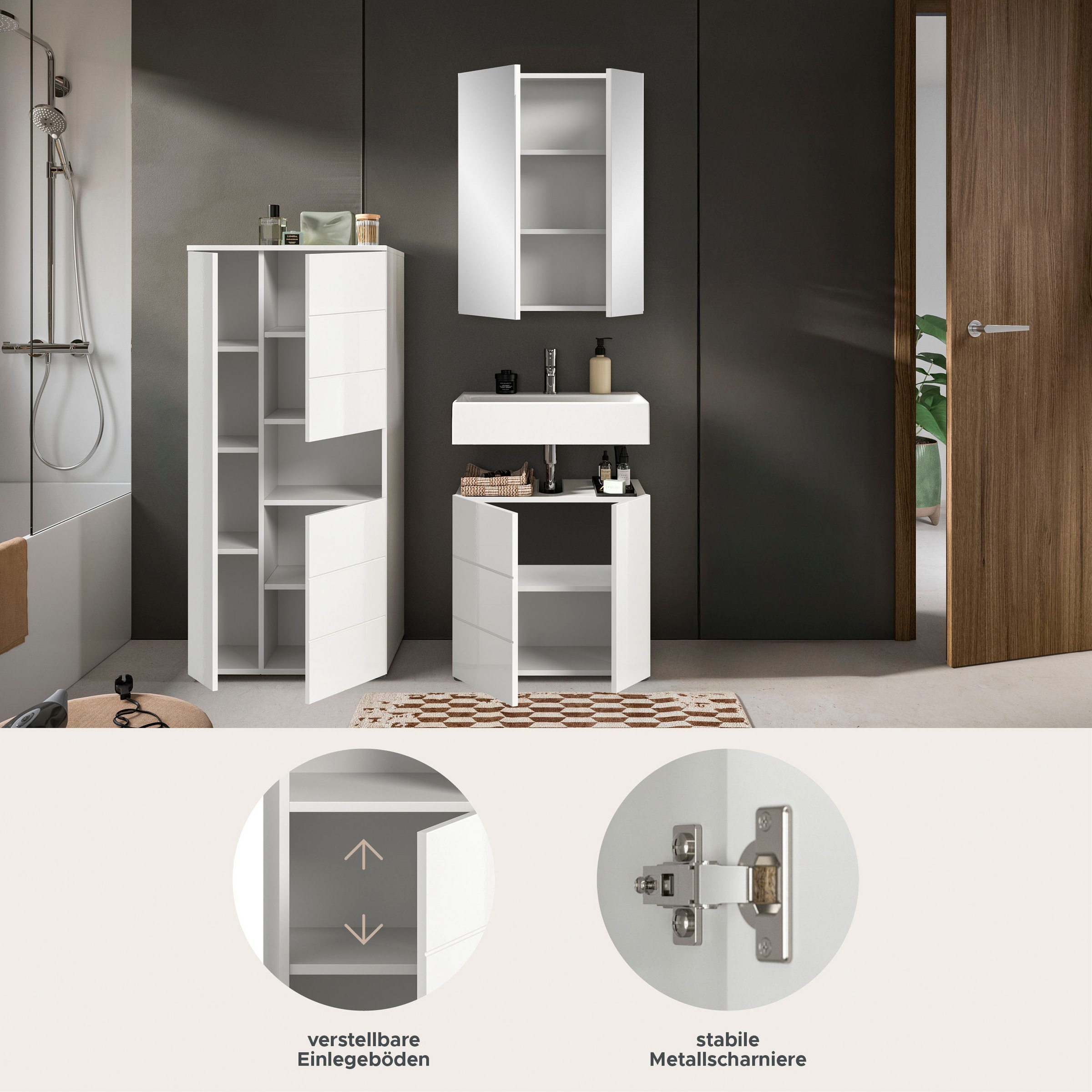 welltime Badmöbel-Set »Biel, Höhe 190 cm, Midischrank, Unterschrank, Spiegelschrank« 3 Stk. tlg.
