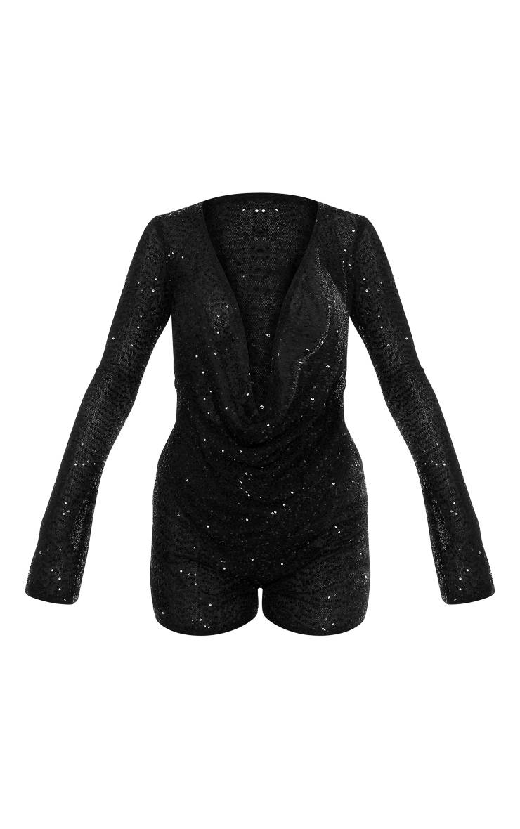Noir Combinaison-short À Sequins Col Bénitier Et Manches Longues