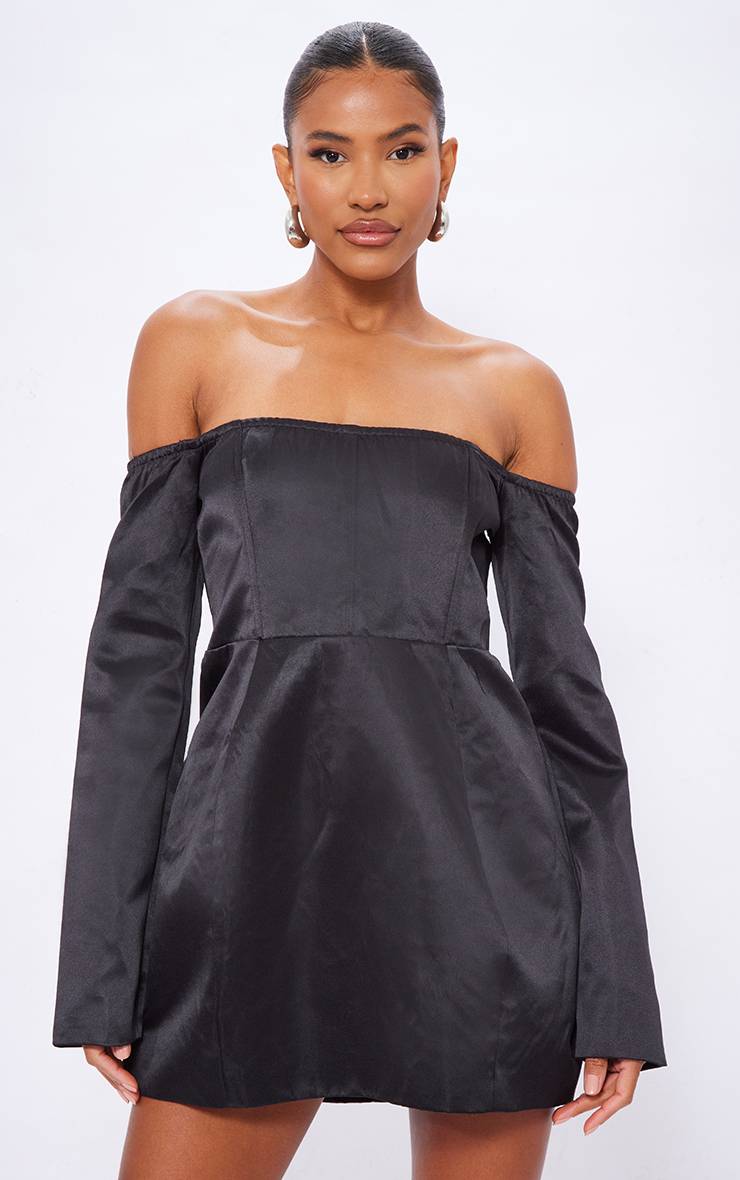 Noir Robe Moulante Corset Bardot En Satin