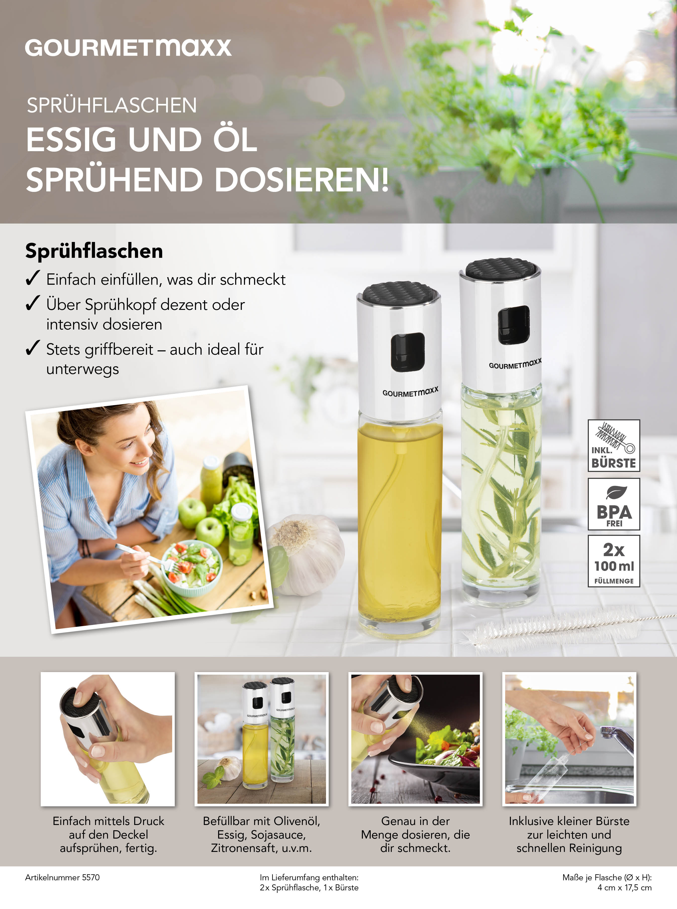 GOURMETmaxx Sprühflasche Essig & Öl 2er-Set 100ml schwarz/Edelstahl