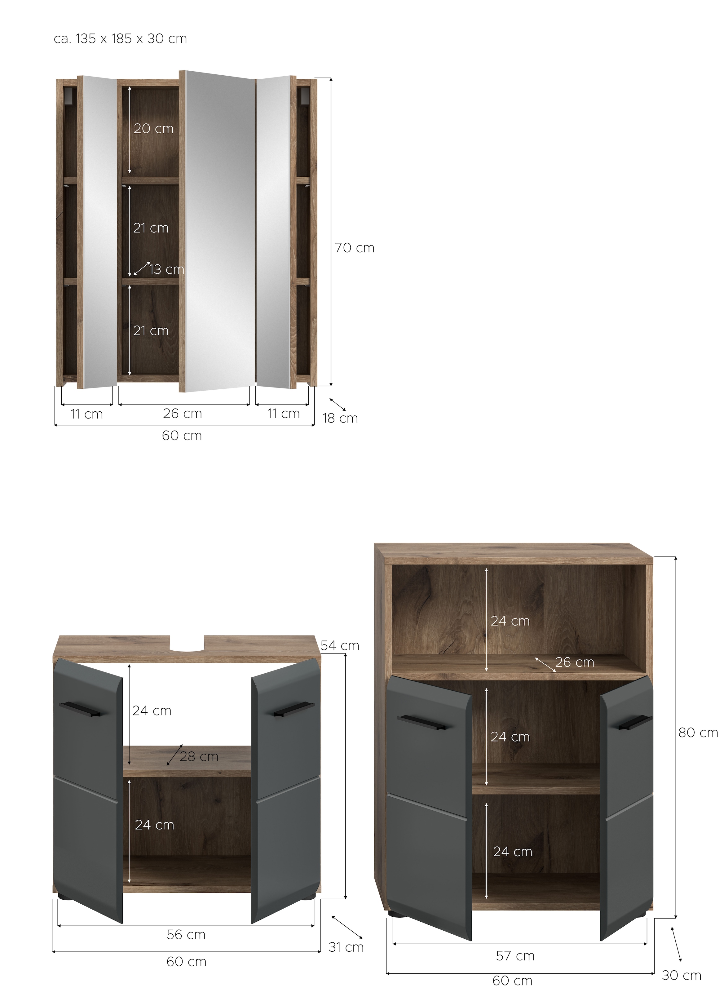 INOSIGN Badmöbel-Set »FLORENZ, TOPSELLER!, 3-teilige Badkombination, hochwertige MDF-Front« Set, best. aus: Waschbeckenunterschrank, Spiegelschrank, Midischrank breit, 3 Stk. tlg.