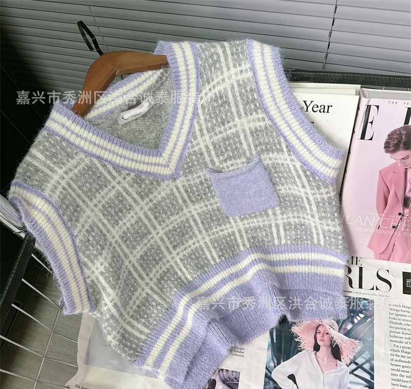 staybabes - V-hals geruite gestreepte trui met split