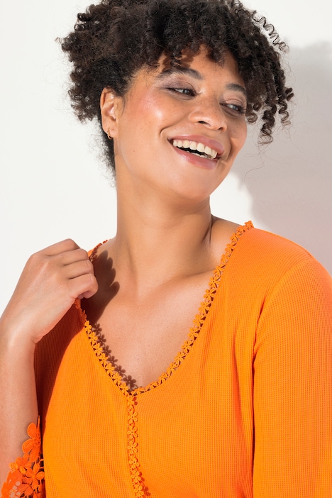 T-Shirt, A-Linie, Blüten-Details, 3/4-Ärmel