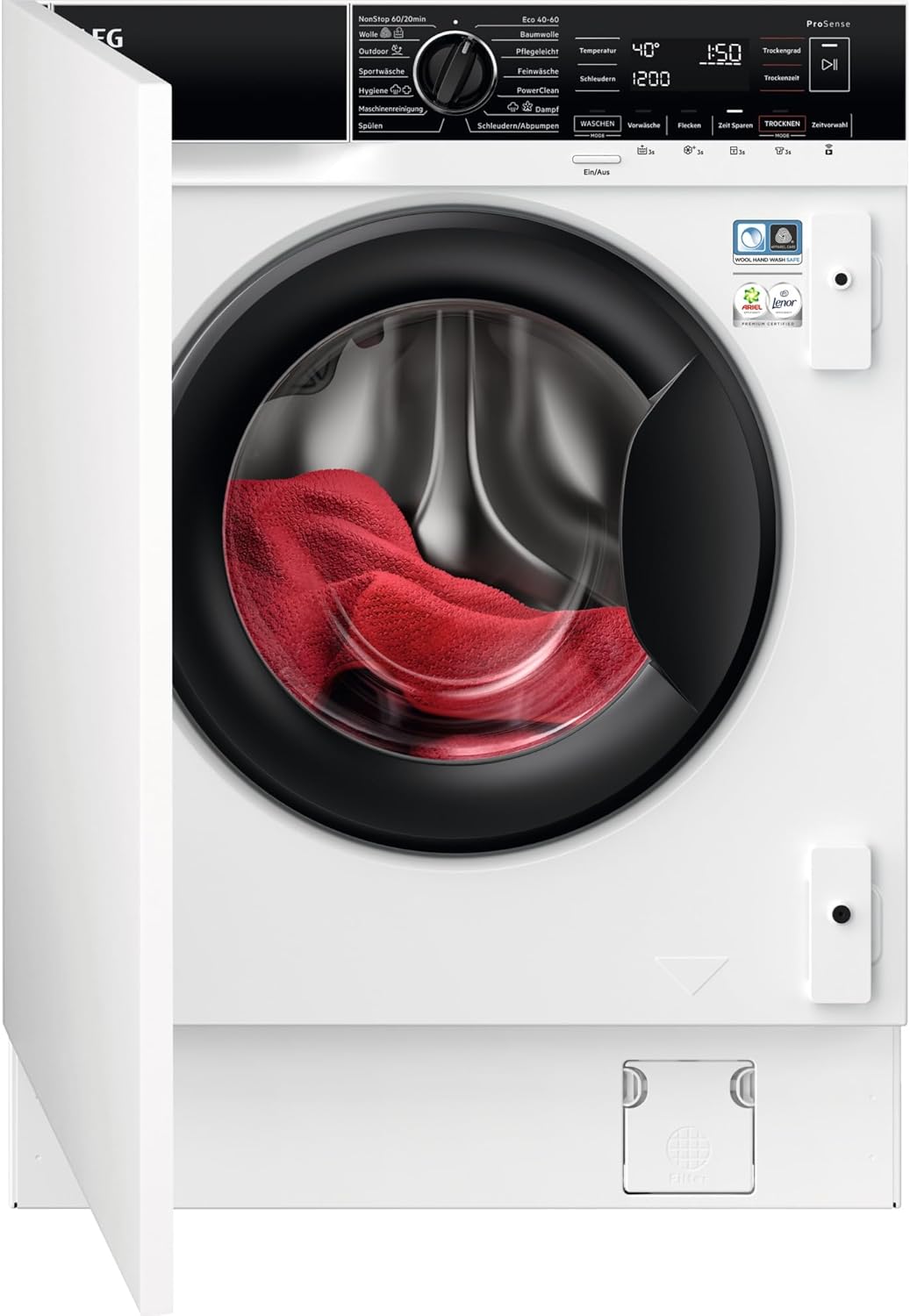 AEG Einbauwaschtrockner, 8 kg Waschen, 4 kg Trocknen, PowerCare – Faserschonendes Waschen und Trocknen bei Niedrigtemperatur, energiesparend, Dampf-Programm - Weinger Bügeln, 1600 U/min, LWR8WI7680