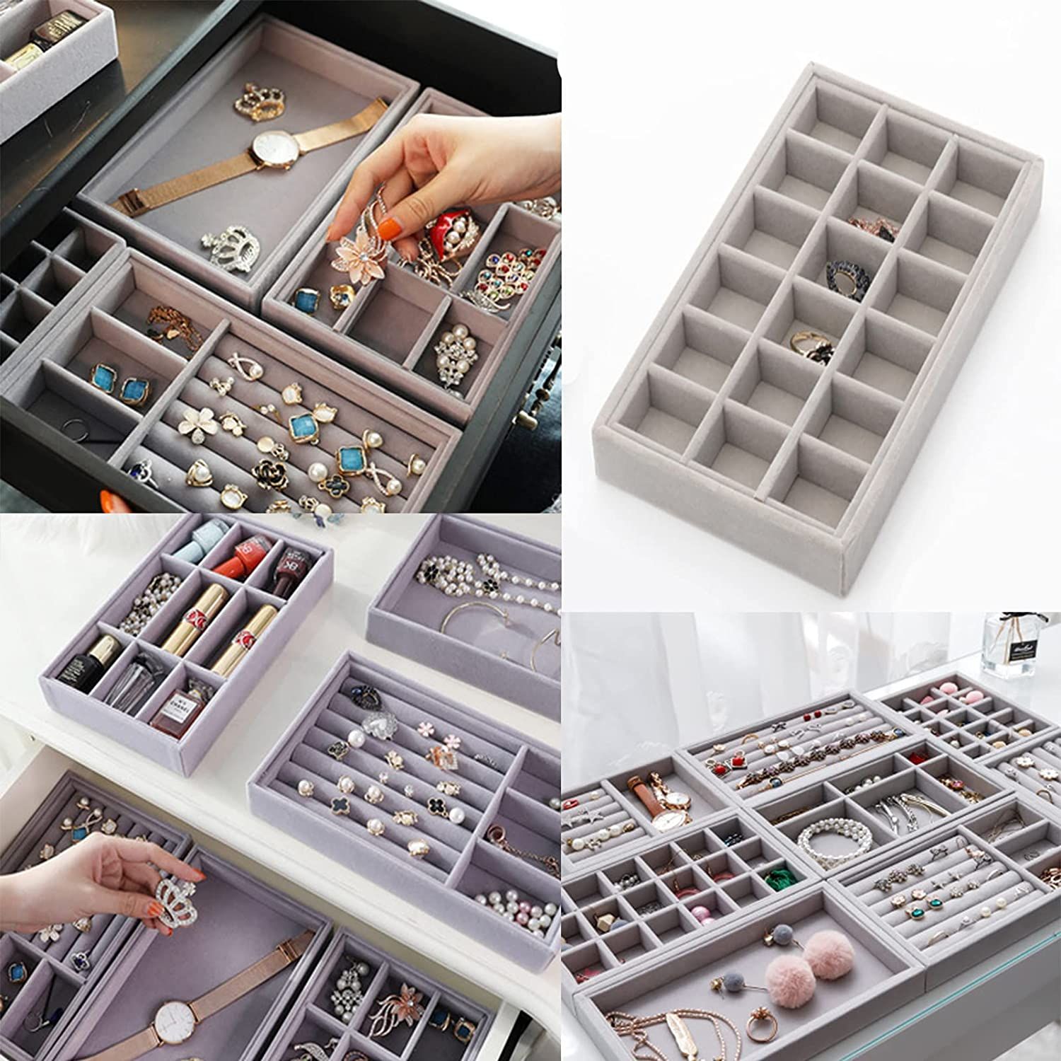 (15.5x11.5x2.5cm) Velour Schmuckschatulle Aufbewahrungsbox Organizer für Ringe / Halskette / Ohrringe / Armbänder - Style 3 / Grau