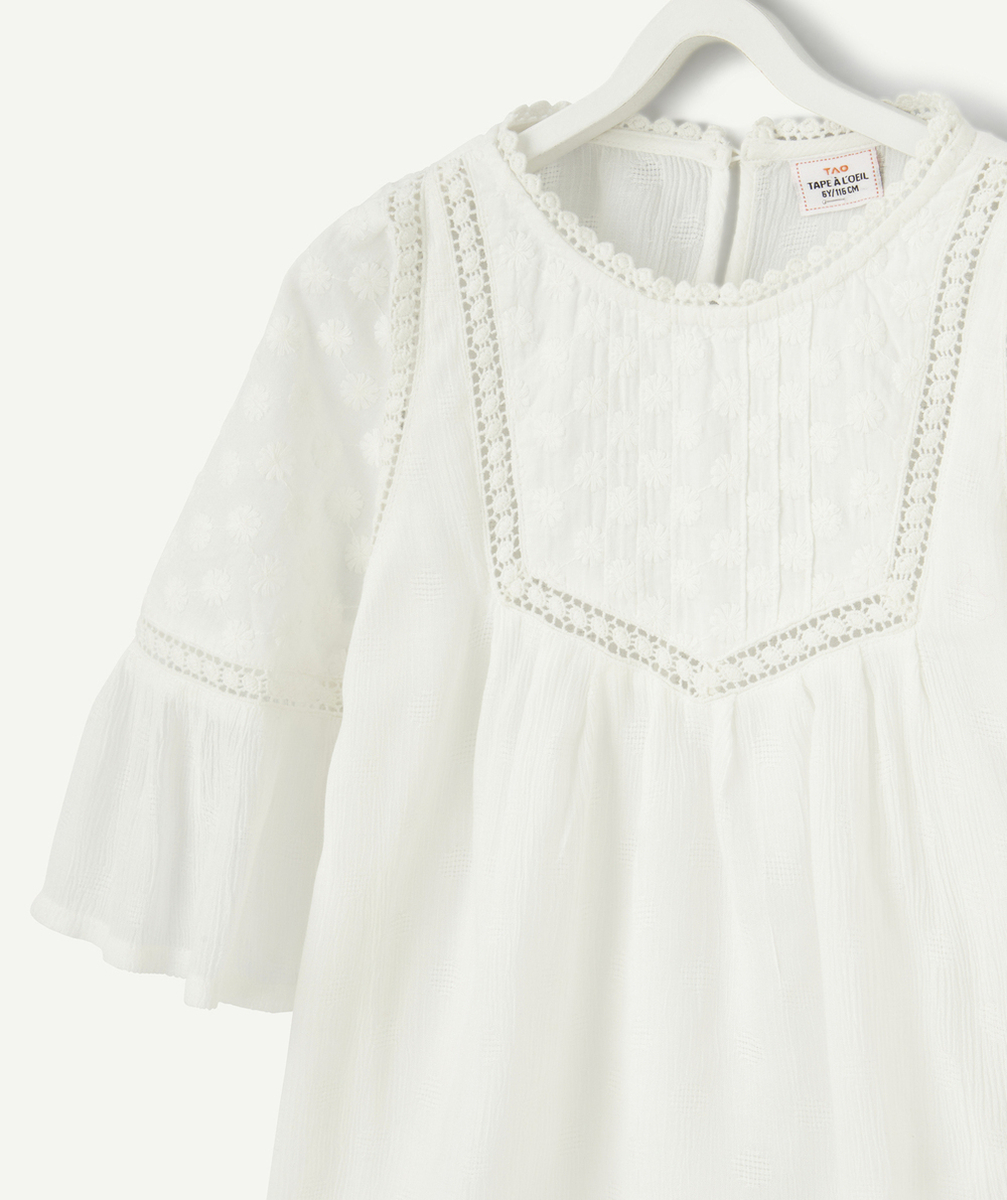 BLOUSE MANCHES 3/4 FILLE BLANCHE AJOURÉ ET BRODERIES FLEURS