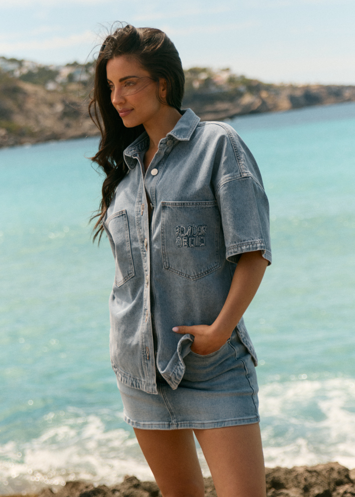 Oversized denim blouse korte mouw sea blauw